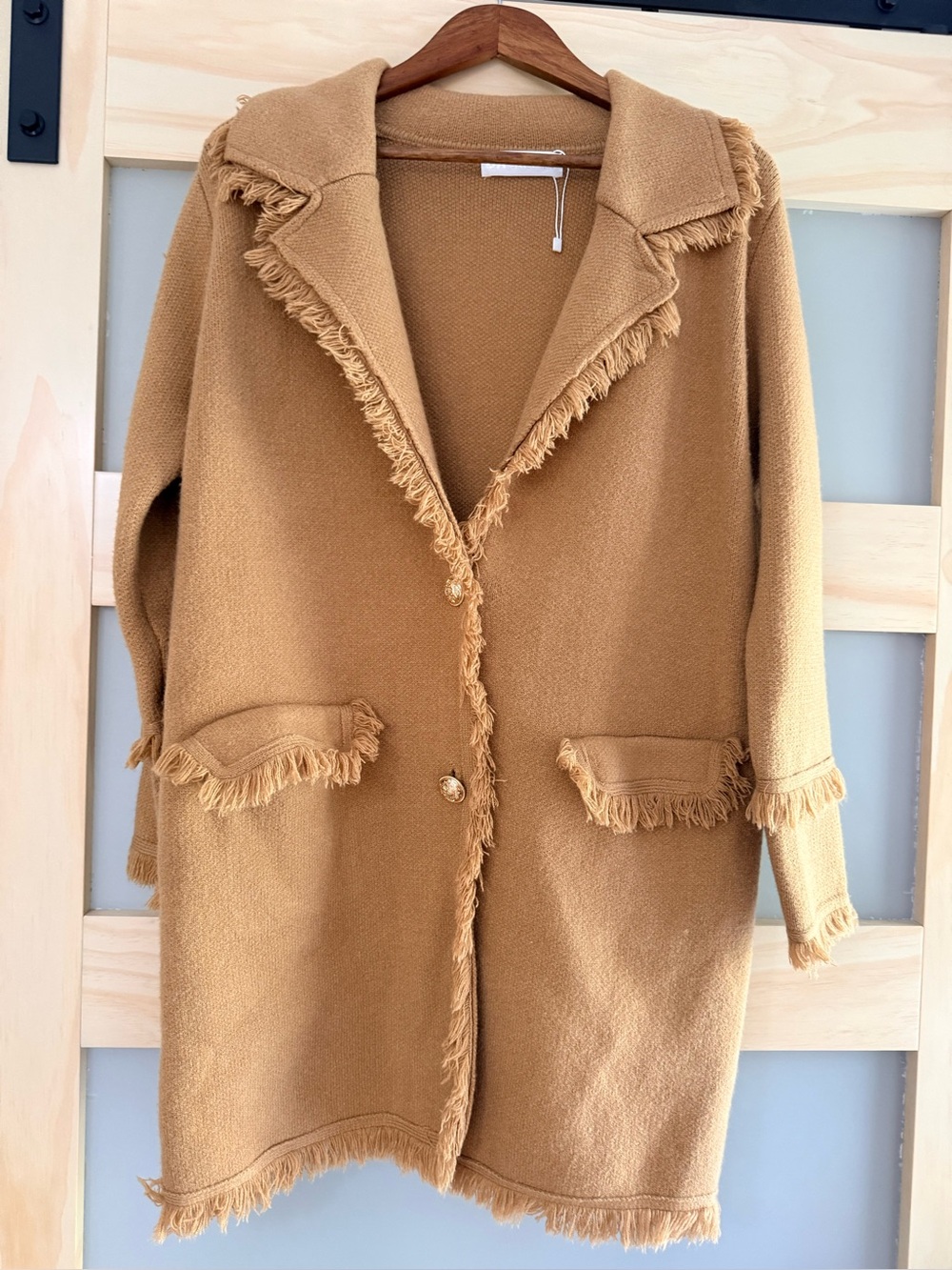 OR Collection Camel Cashmere Wool Fringe Long Cardigan Coat M